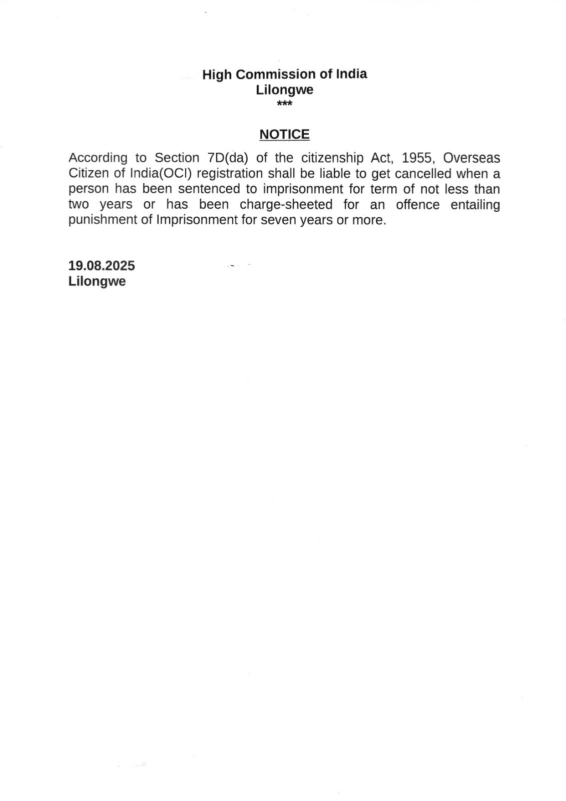 Notice on cancellation of OCI Card