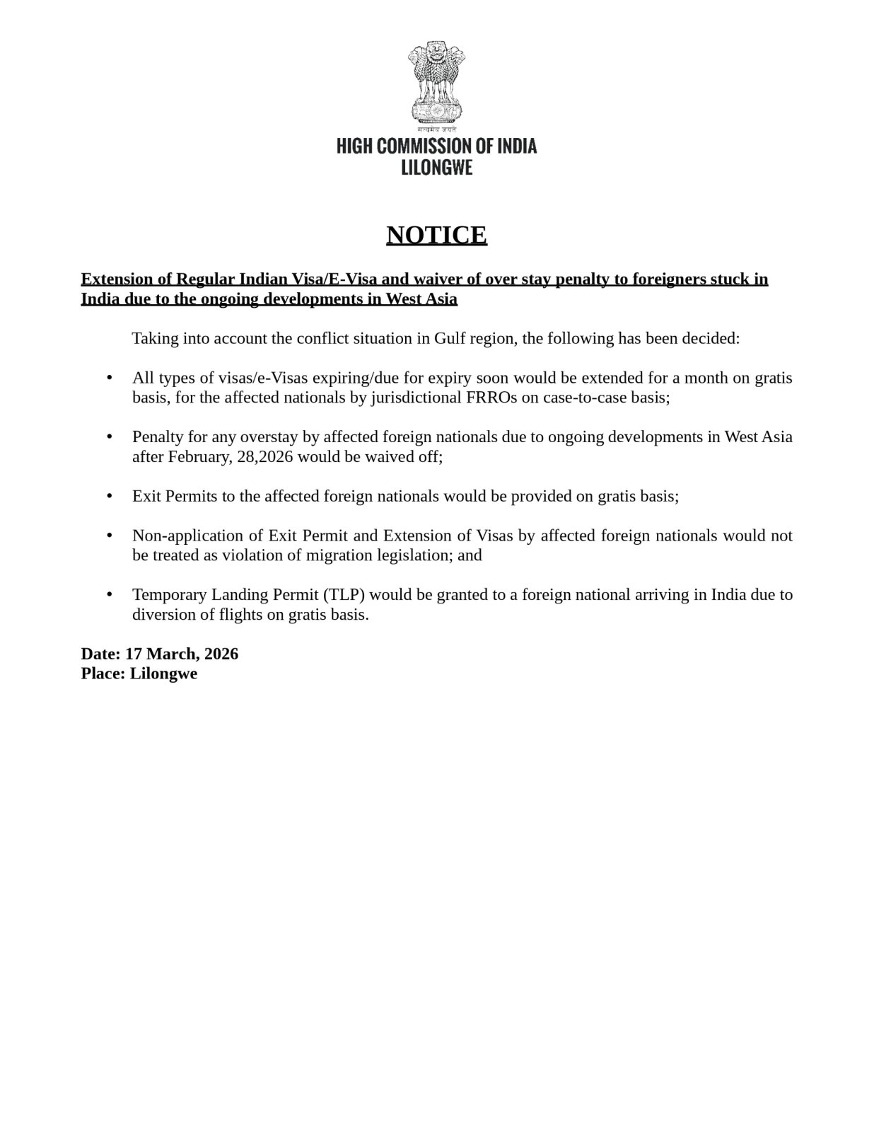 IMPORTANT NOTICE - Extension of  Visa/E-Visa and waiver of overstay penalties for foreign nationals stranded in India due to flight disruptions caused by the situation in West Asia.