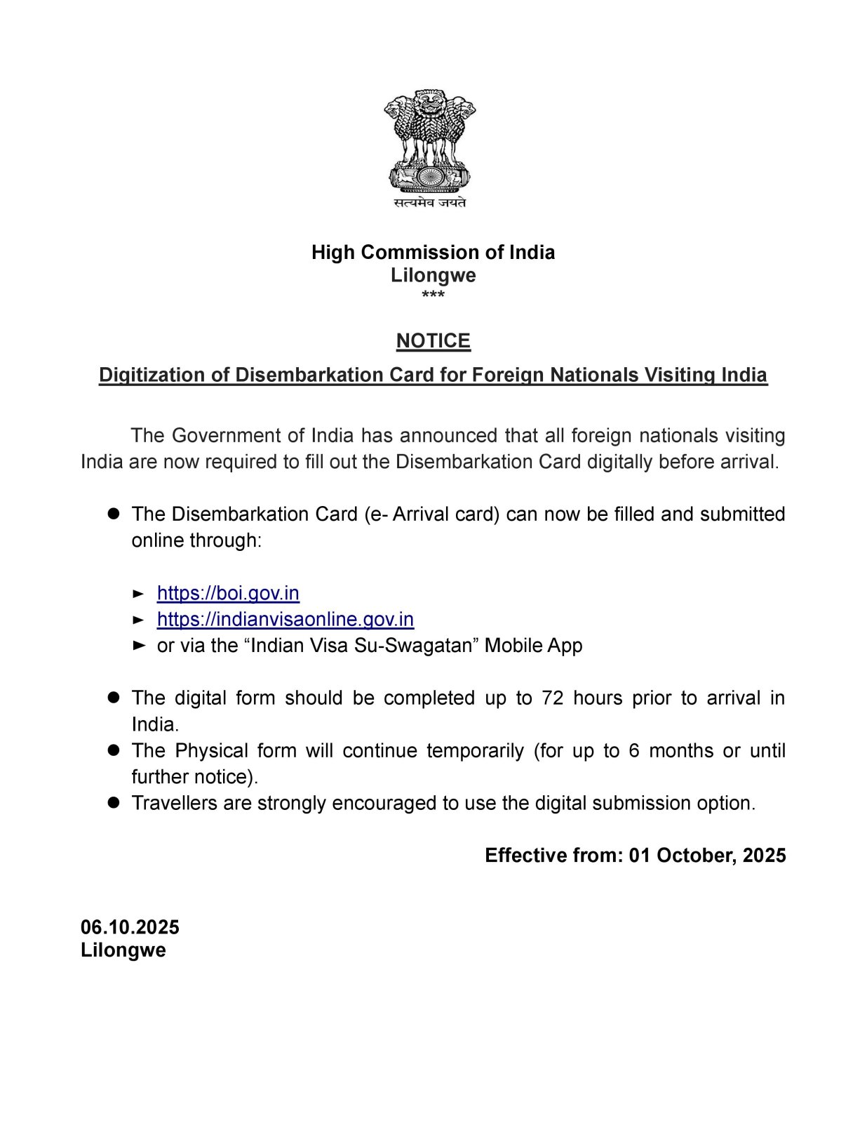 Digitisation of Disembarkation Card for Foreign Nationals Visiting India