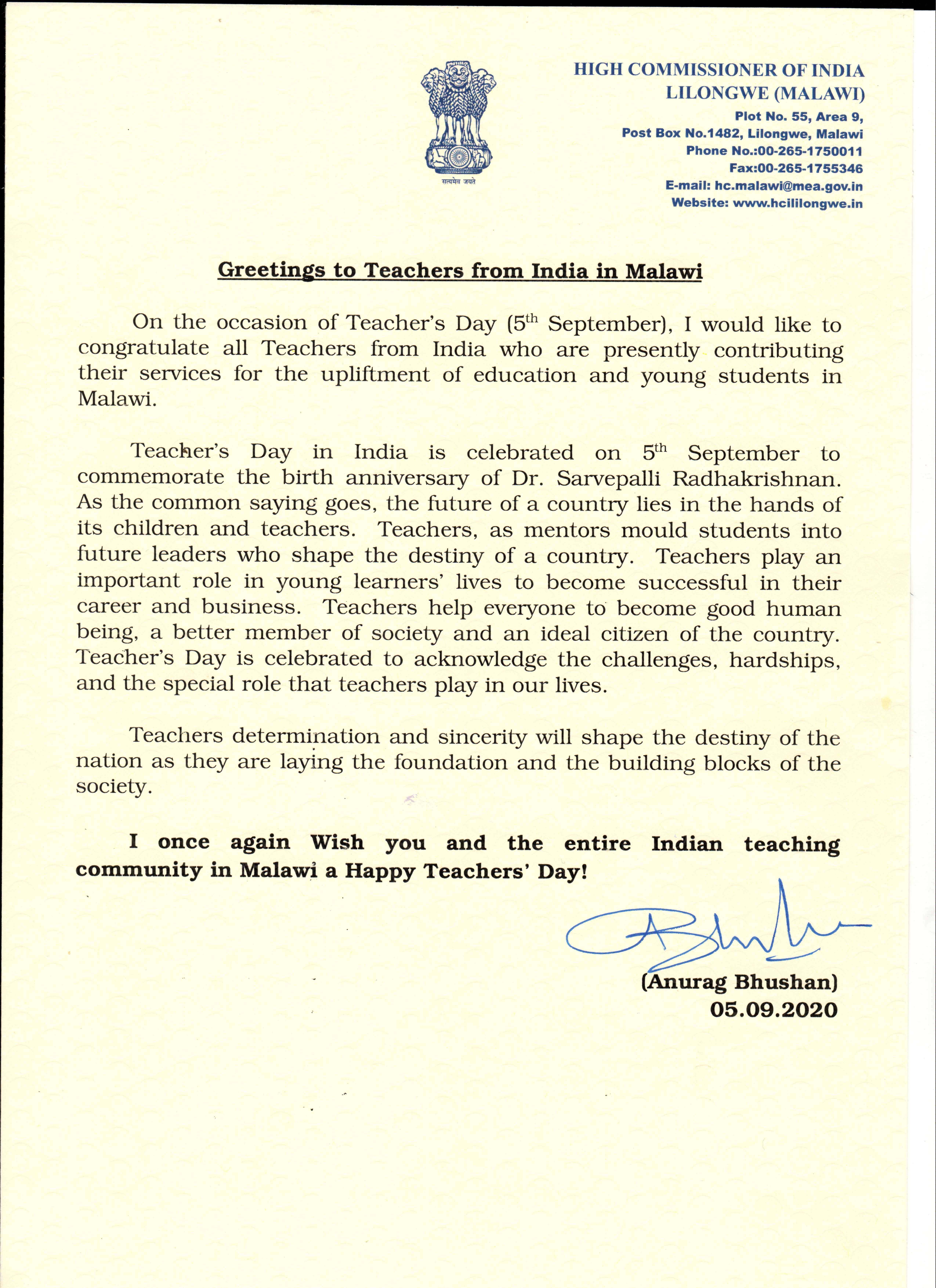 Message from High Commissioner to Teachers from India in Malawi on Teacher's Day.